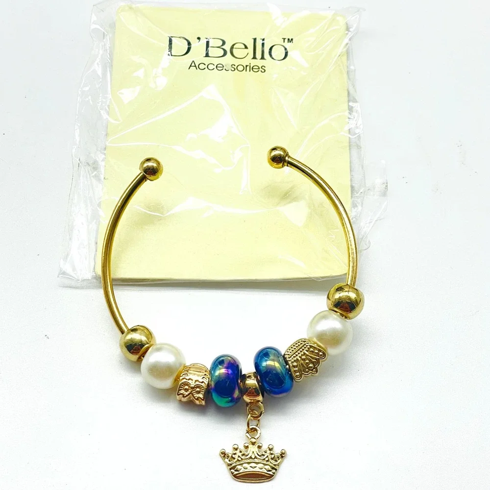 D'Bello Gold Tone Cuff Bracelet Blue Crystal Beads Crown Charm Adjustable NWT